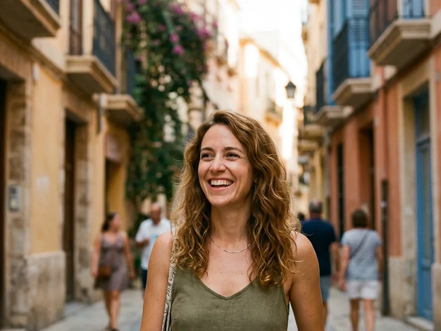 Lucía caminando por una calle empedrada de Valencia